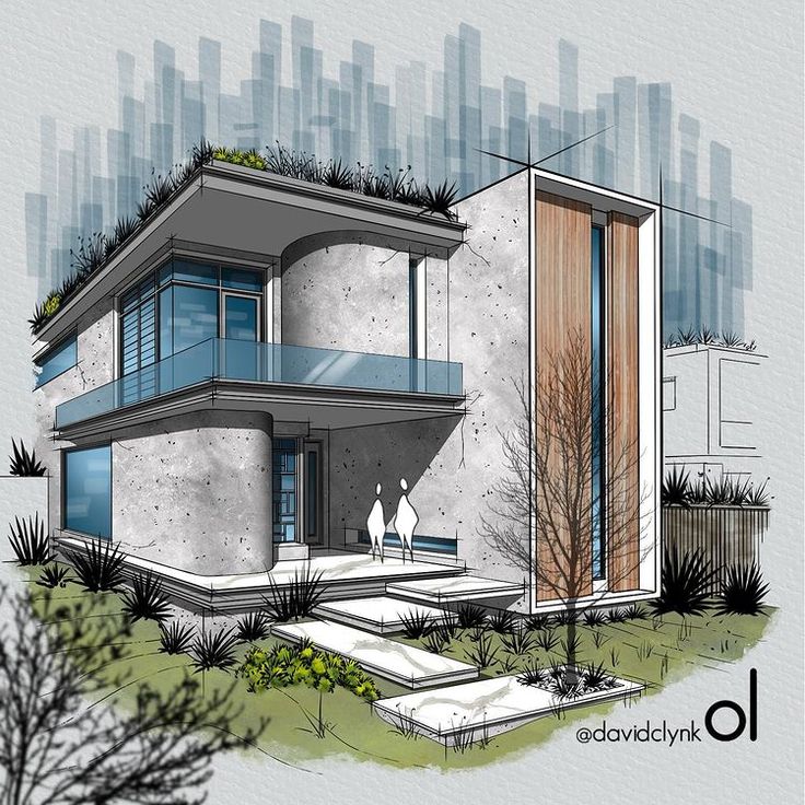 an architectural drawing of a modern house in the city