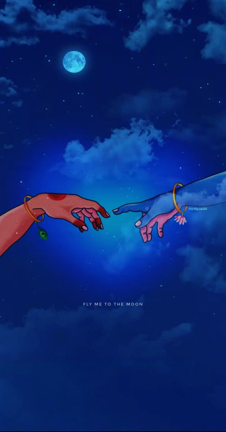 two hands reaching for each other in front of a blue sky with the moon behind them