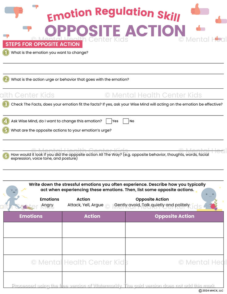 Opposite Action DBT Worksheet for Kids and Teens Dbt Worksheet, Opposite Action, Dbt Skills Worksheets, Coping Toolbox, Emotion Regulation, Cbt Worksheets, Counseling Worksheets, Self Esteem Worksheets, Social Skills For Kids