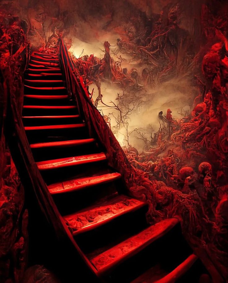 an artistic scene with red stairs leading up to the sky