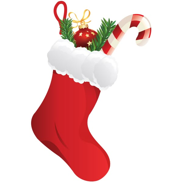 a red christmas stocking with candy canes and decorations on the top, isolated against a white background