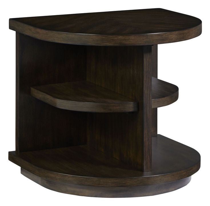 the corner shelf is made from wood and has two shelves on each side, with one section