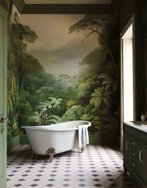 a bathroom with a bathtub and wall mural in the middle, along with a checkered floor