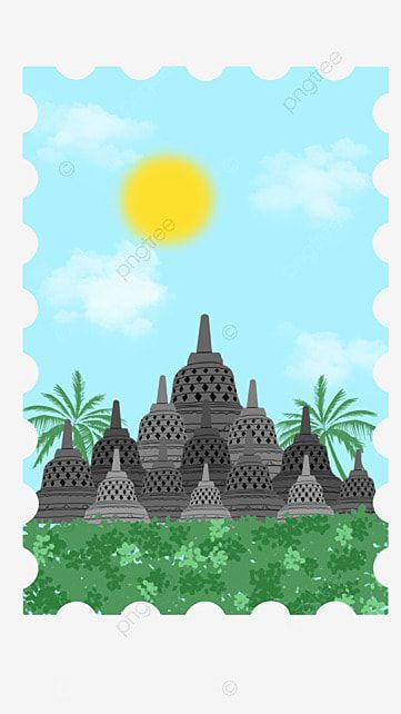 an image of a castle in the sky with palm trees and clouds behind it, on a sunny day