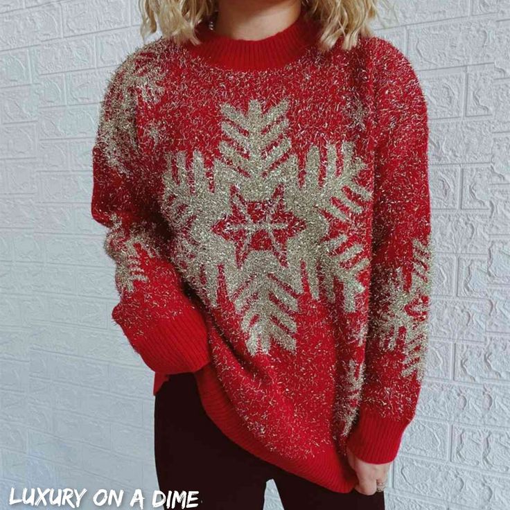 Fuzzy Red Gold Bold Knit Round Neck Classy Holiday Christmas Winter Sweater This festive knit sweater offers functionality with a beautiful classic print.Features red and sparkling metallic gold fuzzy material.Choose from a large reindeer or snowflake.Classic round neckline, long sleeves and bottom all accented with a ribbed hem.Perfect pullover for pairing with jeans or leggings for fall and easy to layer for winter.Casual chic sophisticated element that can be dressed up for a holiday party or Fashion Sweaters, Party Kleidung, Christmas Party Dress, Estilo Chic, Style Party, Round Neck Sweaters, Women Sleeve, Christmas Fashion, Christmas Knitting