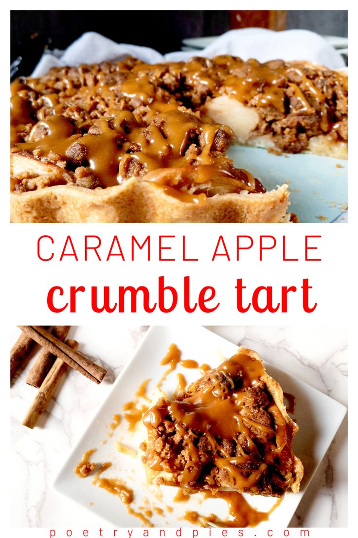 caramel apple crumble tart on a white plate