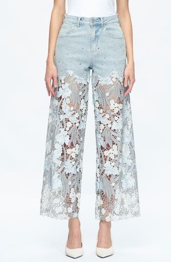 Bayeas High Waist Crystal Embellished Lace Leg Jeans | Nordstrom Lace Jeans, Bling Jeans, Bleached Jeans, Diy Shorts, All Jeans, Lace Splicing, Embellished Jeans, Jeans Diy, Guipure Lace