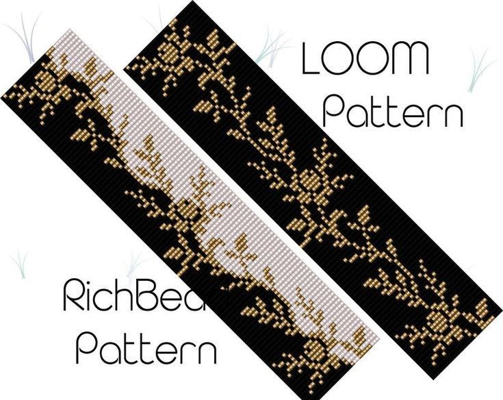 a cross stitch pattern with gold flowers on black and white background, along with the words loom pattern