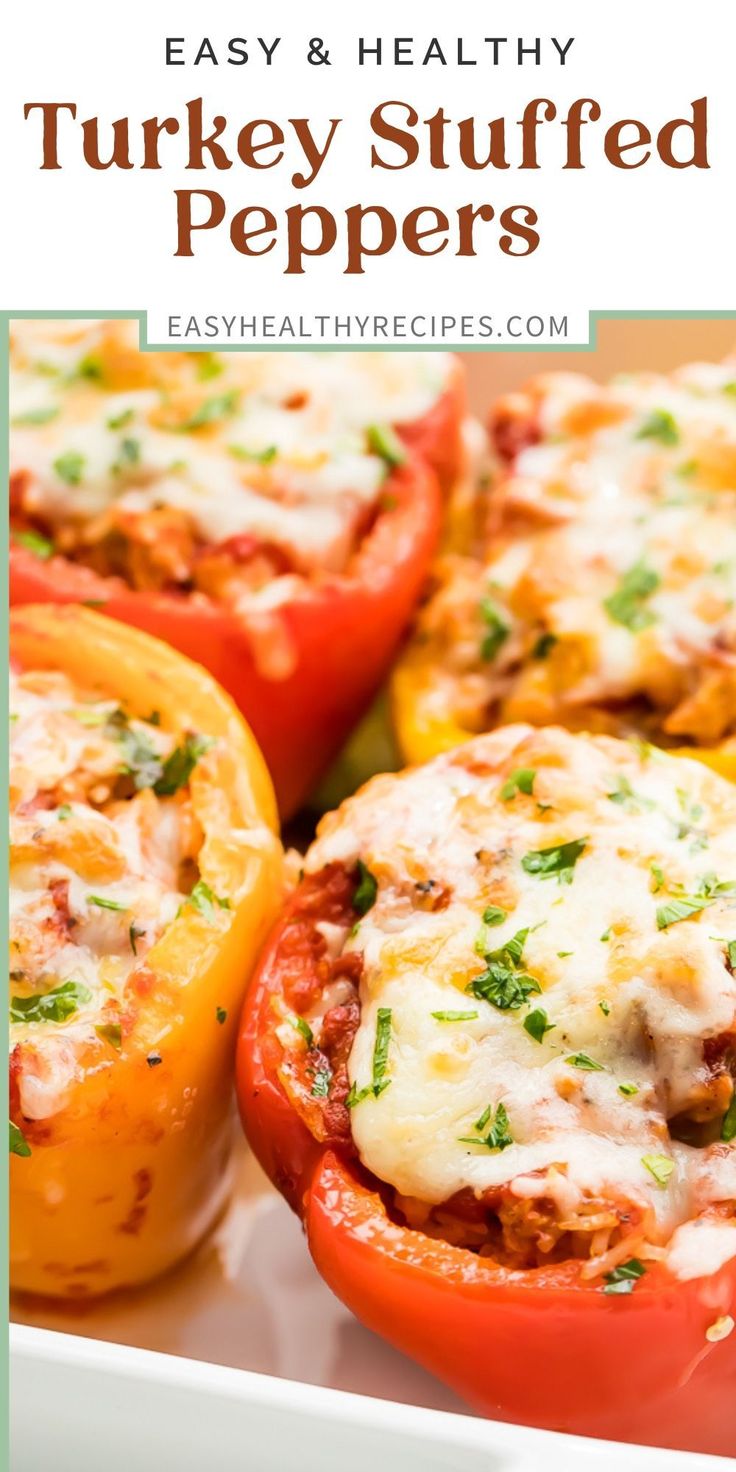 turkey stuffed peppers in a white dish with text overlay