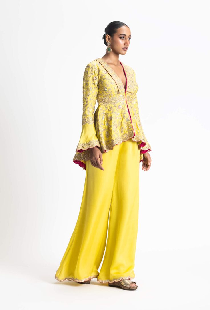 Nitika Gujral | Mehndi Yellow Jacket And Trouser | INDIASPOPUP.COM Thread Beads, Traditional Jacket, Satin Trousers, Peplum Jacket, Yellow Jacket, Zari Work, Satin Color, Work Jackets, Yellow Fabric