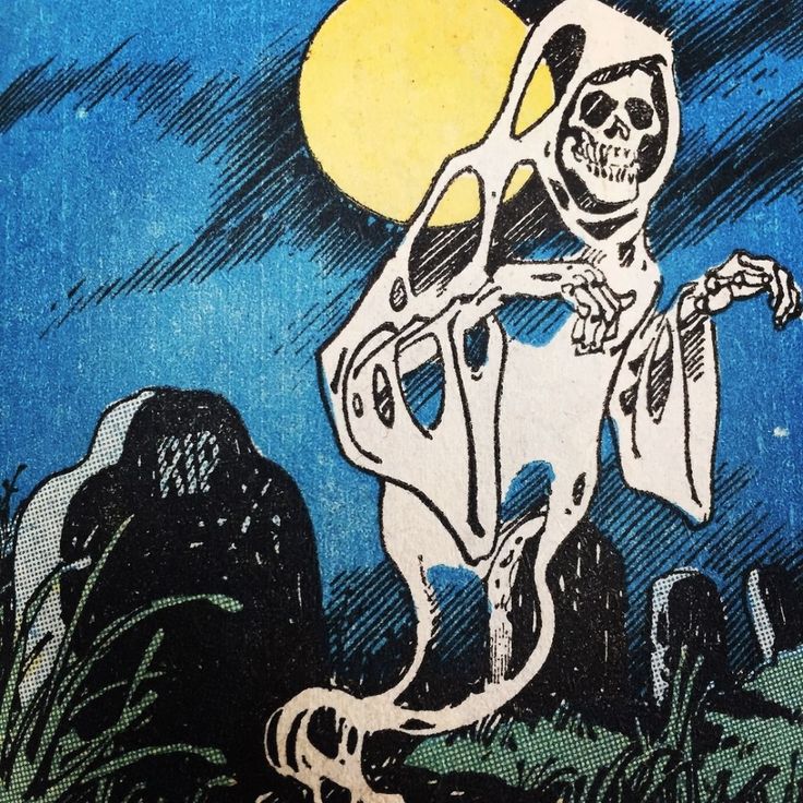 a drawing of a skeleton holding a scooter in front of a full moon