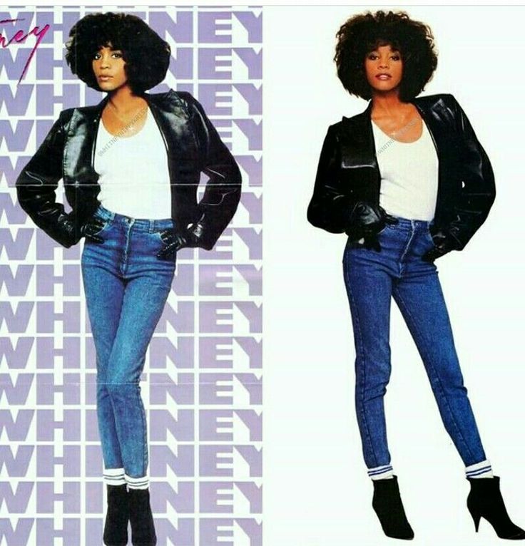 an advertisement for whineney jeans featuring a woman in black leather jacket and white t - shirt