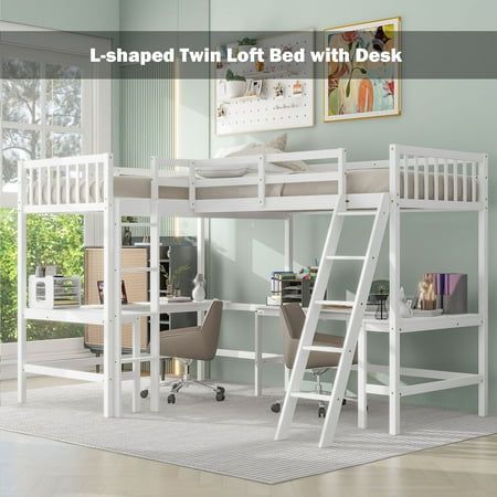 a white loft bed with desk underneath it