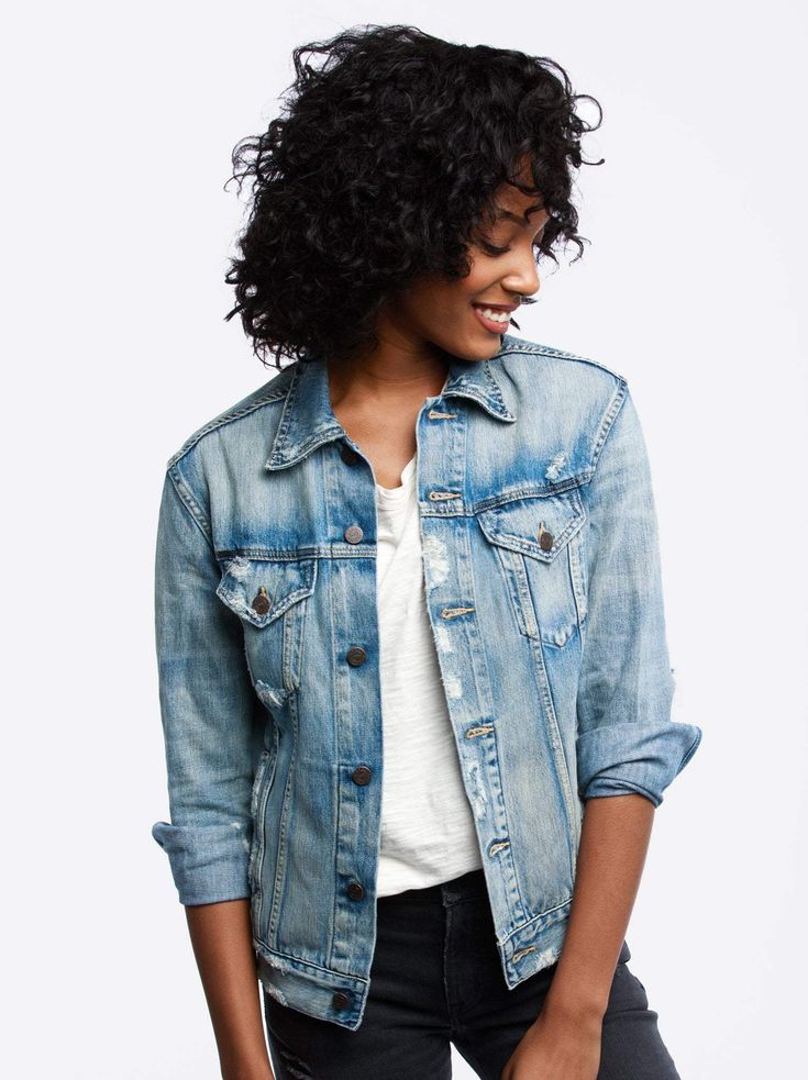 Merly Jacket The Jacket Fit: Our denim jacket's slightly dropped shoulder, slim arms, relaxed body, and waist pockets make this style ultra wearable. The Jacket - Merly Wash: One of our favorites, this denim jacket is the perfect combo of vintage tomboy and feminine, with a faded ripped wash that you can wear in any season. This is an essential in your wardrobe to layer in with any look. Easy fitting denim jacket with a slim arm, dropped shoulder, and a relaxed fit throughout the body 75% cotton Vintage Tomboy, Thought Clothing, Ethical Clothing Brands, Sustainable Clothing Brands, Ethical Fashion Brands, Ethical Brands, Ethical Clothing, Made Clothing, Healthy People