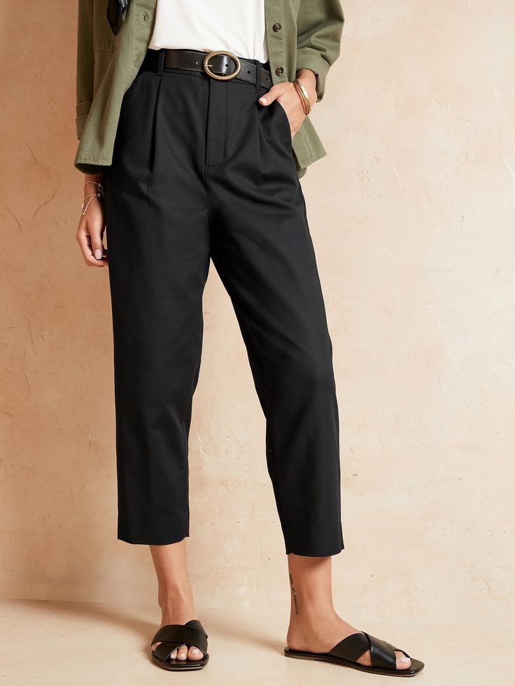 High-Rise Pleated Cotton Double-Weave Crop Pant | Banana Republic Factory Black Tapered Leg Bottoms With Zip Fly, Spring Tapered Leg Bottoms With Zip Fly, Relaxed Fit Chinos With Cropped Leg And Welt Pockets, Office Ankle-length Bottoms With Welt Pockets, Loosely Fitted Tapered Leg Work Pants With Belt Loops, Tailored Ankle-length Casual Bottoms, Work Pants With Belt Loops And Tapered Leg, Tapered Trousers With Pockets, Tailored Ankle-length Casual Pants