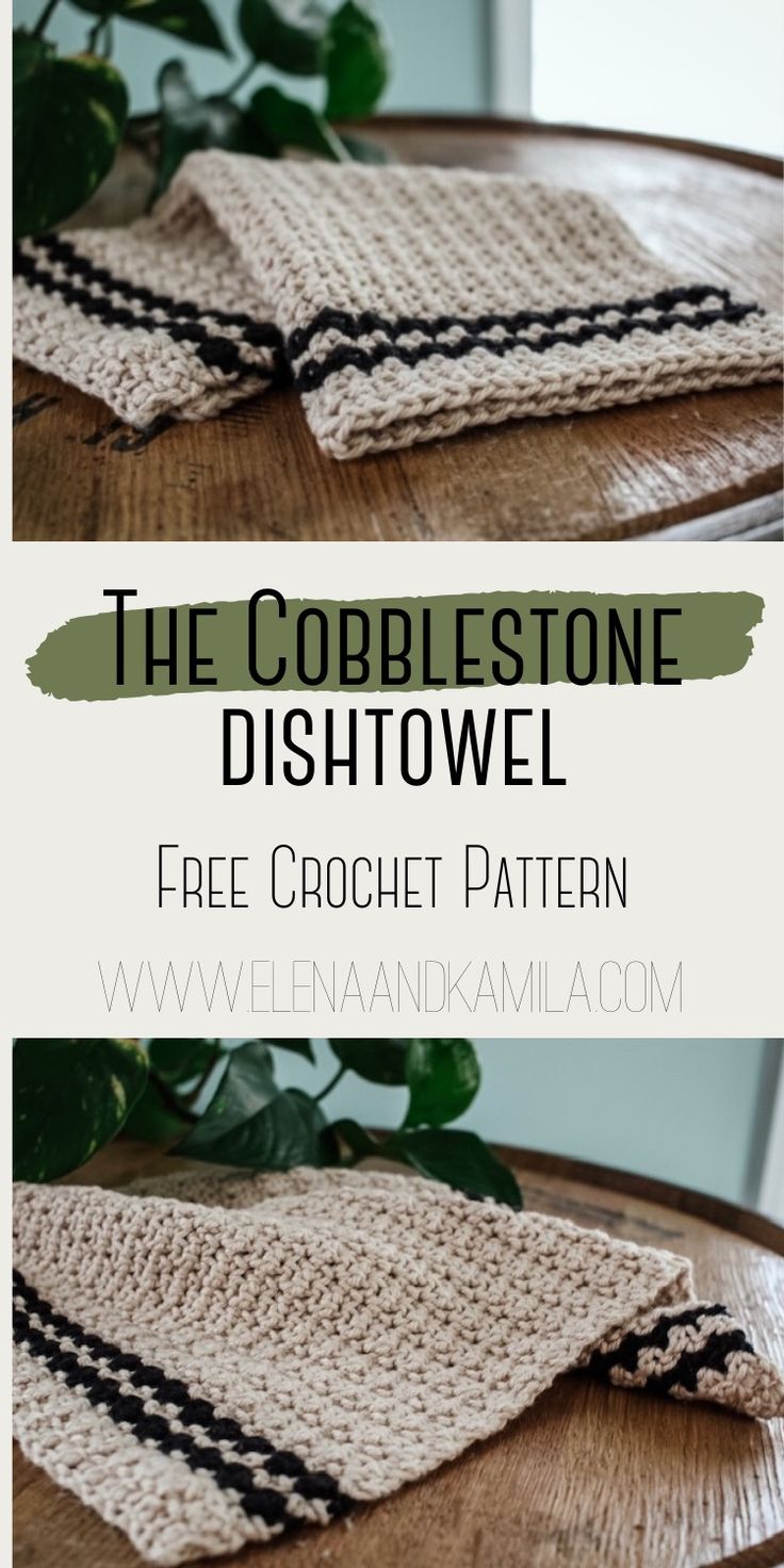 crocheted dishcloth on a wooden table with text overlay that reads the cobblestone dishtowel free crochet pattern