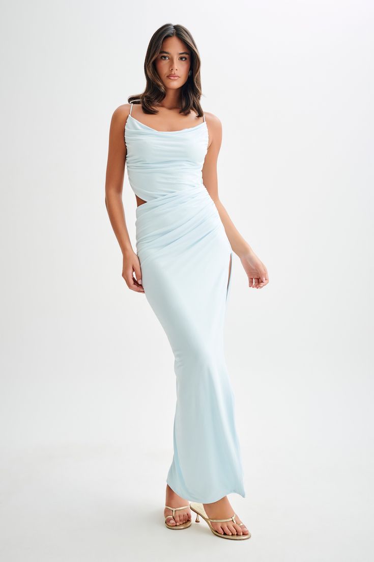 Allure unveiled The JEMMA Draped Slinky Maxi Dress is a captivating blend of elegance and allure. It features a sophisticated cowl neckline and adjustable straps, allowing for a perfect fit. The asymmetrical draped waistline accentuates the silhouette, while a daring hip cutout adds a touch of modern edge. The asymmetrical hem enhances the flowing, graceful design of the dress. Fully lined for comfort, this maxi length dress is perfect for any special occasion where you want to make a stunning i Capsule Wardrobe Accessories, European Summer Outfits, Wardrobe Accessories, Capsule Outfits, Wedding 2024, Cowl Neckline, Crepe Dress, Outfit Summer, Asymmetrical Hem