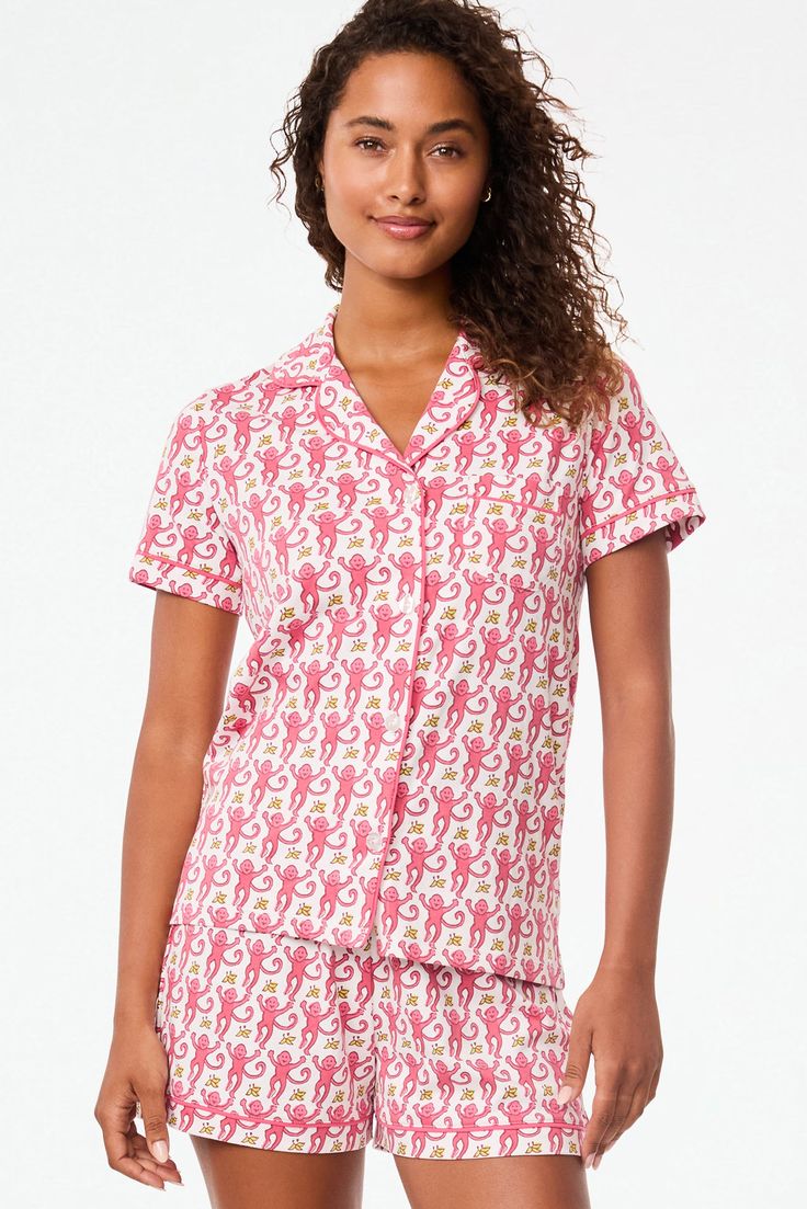 We love love love our matching top and bottom polo-style pajama sets! The cozy 100% Premium Cotton will make you happy that this pajamas-out-to-brunch trend is still happening. Button Front Closure Functional Breast Pocket Mid-Rise Elastic Waist Materials and Care 100% Long-Staple Premium Cotton Machine Wash Cold, With Like Colors Do Not Bleach, Tumble Dry Low (Line Dry Recommended) Imported Measurement Information Model Wears Size Small Size S Length: 25.5" (from Shoulder) Size S Sleeve Length: Roller Rabbit Pink Monkey Pajamas, Pink Roller Rabbit Pajamas, Roller Rabbit Pjs, Preppy Pjs, Roller Rabbit Pajamas, Pink Pjs, Pink Monkeys, Cute Pjs, Monkey Print