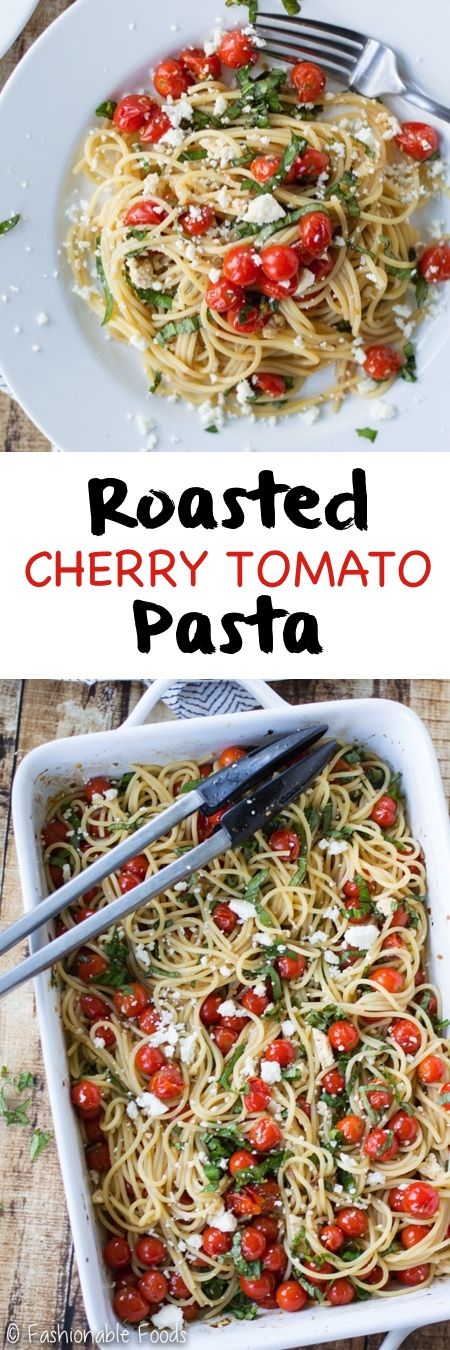 roasted cherry tomato pasta in a white casserole dish