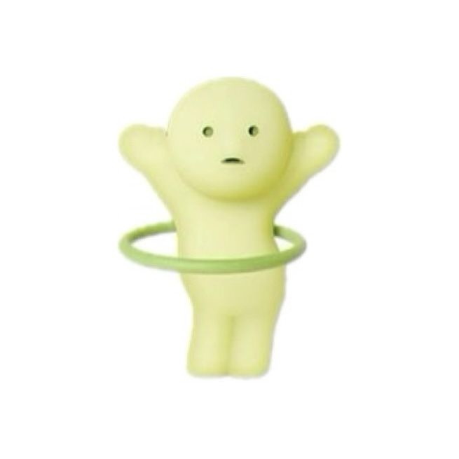 a small toy with a green ring around it's neck and hands in the air