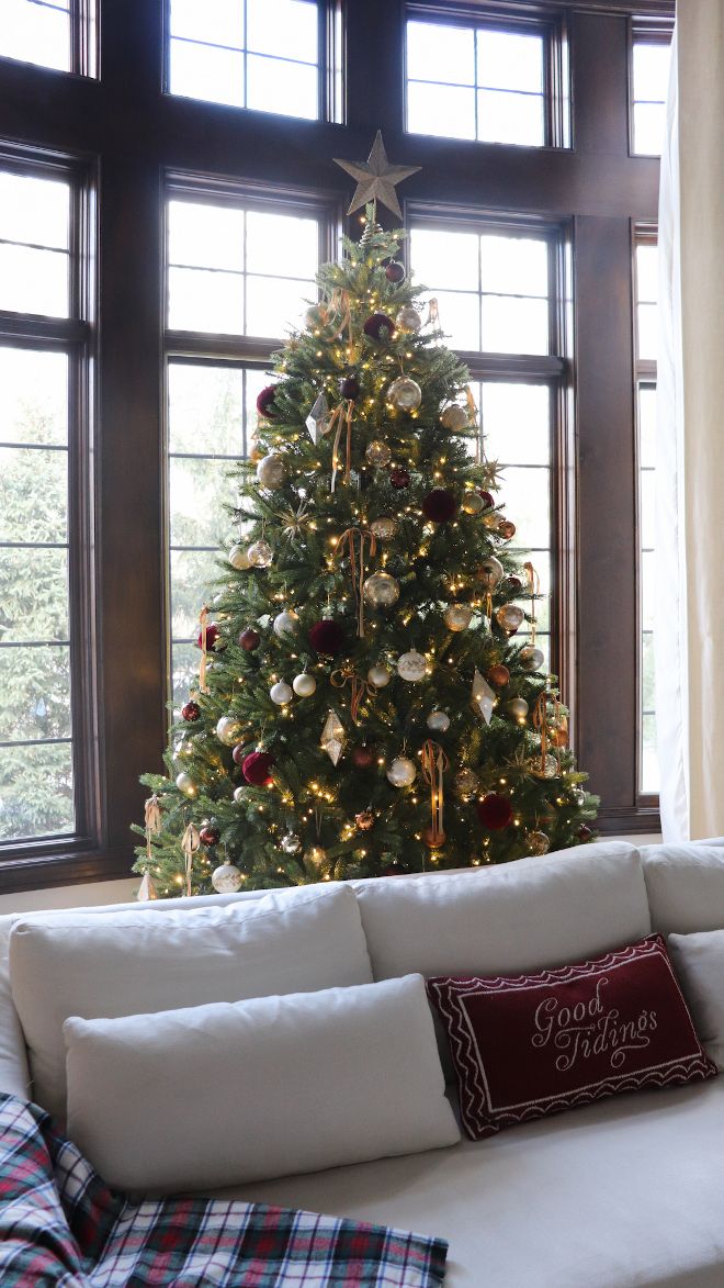 a living room with a christmas tree in the corner and pillows on the couches