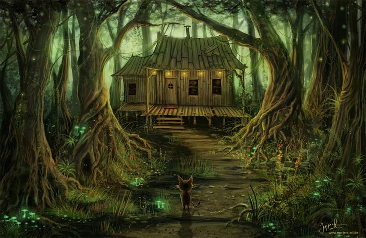 a painting of a house in the middle of a forest with lots of trees around it