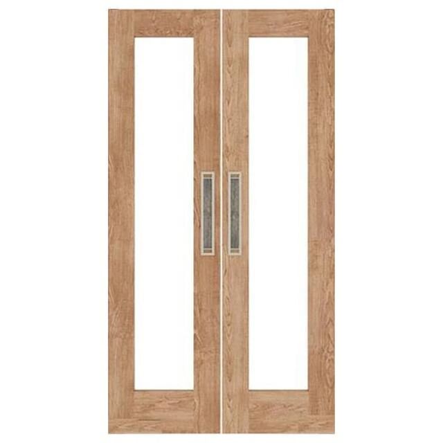 an oak double door with glass panels and sidelights on the top, in front of a white background