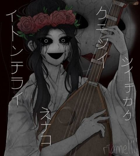 a drawing of a woman holding a guitar in front of her face and wearing a flower crown