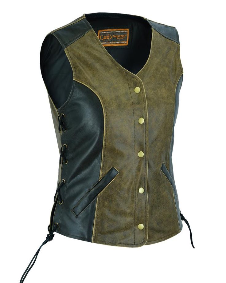 Women's Stylish Longer Body 3/4 Vest - Side Laces - Two Tone Soft Premium Drum Dyed Supple Cowhide 1.1 - 1.2 mm. Open Neck. Side laces for MC look & size adjustment. Single panel back ideal for easy accessorizing with patches and club logos, embroidery or airbrushed art work. 2 outside pockets. 2 inside concealed gun pockets made of special heavy-duty textile with built-in holsters and snap closure. Reinforced shoulder support for supreme concealing of weapons. Heavy duty zippers. Very styli Women Leather Vest, Leather Biker Vest, Leather Motorcycle Gloves, Leather Store, Shoulder Support, Biker Vest, Biker Shirts, Smart Women, Open Neck