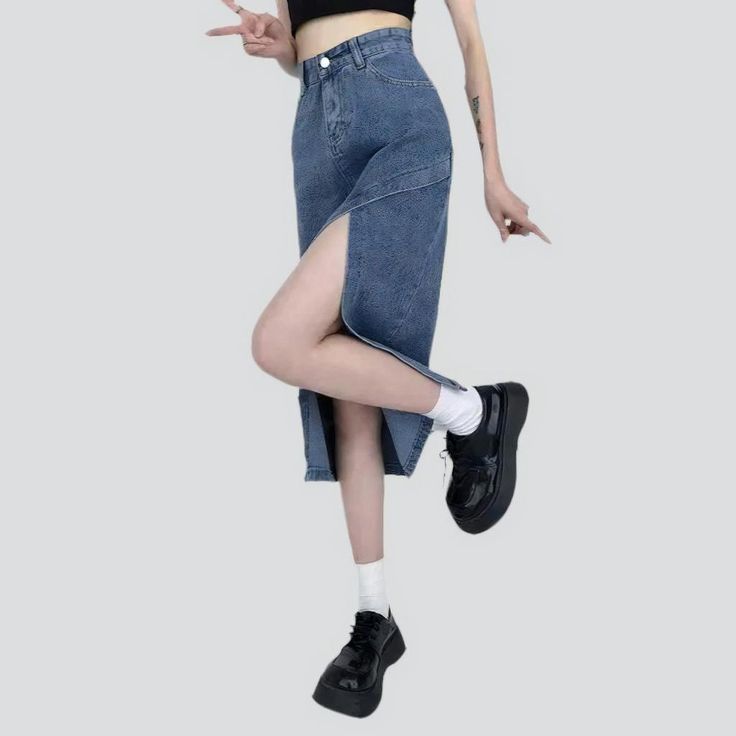 Introducing our medium-wash elevated-waist jean skirt from the 2023 Autumn Collection – the perfect embodiment of 90s style with a couture twist!Why it's a Must-Have for Your WardrobeCrafted to capture the essence of the iconic 90s vogue era, this long jean skirt is a statement piece that exudes confidence and sophistication. With its high-waist design and high-split detail, it's not just a skirt; it's a symbol of empowerment and individuality!Distinctive Features: 90s Nostalgia: Inspired by the Edgy Dark Wash Denim Skirt For Summer, Y2k High Waist Dark Wash Denim Skirt, Spring High-rise Dark Wash Denim Skirt, High Waist Dark Wash Denim Skirt, Y2k High Waist Medium Wash Denim Skirt, Trendy High Waist Medium Wash Skirt, Trendy High Waist Medium Wash Denim Skirt, Trendy High-waist Medium Wash Denim Skirt, Trendy Dark Wash Mid-rise Denim Skirt