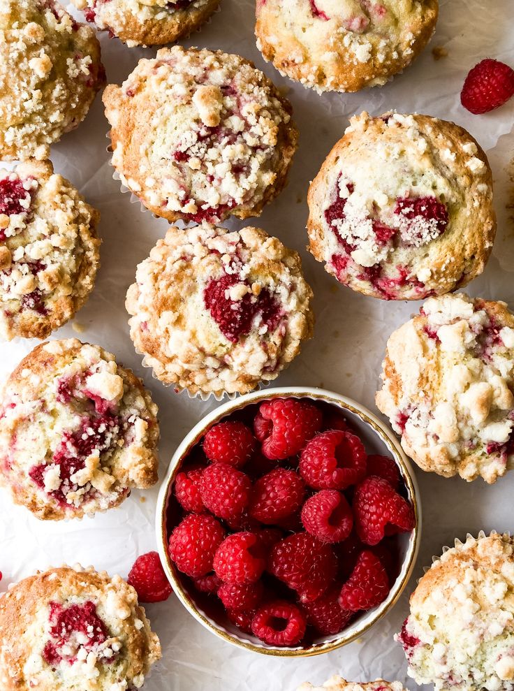 raspberry muffins with fresh raspberries in a bowl