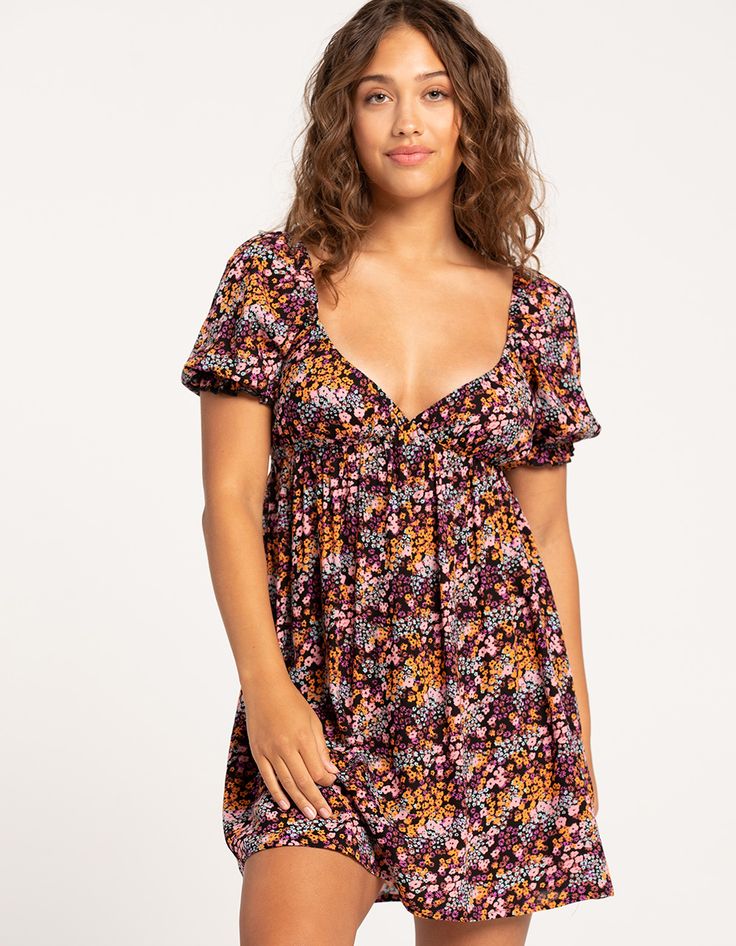 Roxy Sunset Shores Dress. Allover Floral Print. V-Neckline. Puff Short Sleeves Featuring Ruffle Trim. Loose And Flowy Fit. Approx. Length: 31''. 100% Viscose. Machine Wash. Imported. Model Is Wearing A Size Small Model Measurements:height: 5'7" Bust: 32"waist: 25"hips: 36" V-neck Mini Dress With Gathered Neckline, Spring V-neck Dress With Gathered Neckline, Casual V-neck Dress With Gathered Neckline, Flowy V-neck Dress With Gathered Neckline, Boring Clothes, Ruffle Trim, Roxy, Nightwear, Short Sleeves