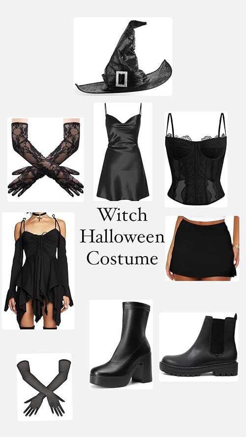 the witch costume is black and has lots of accessories