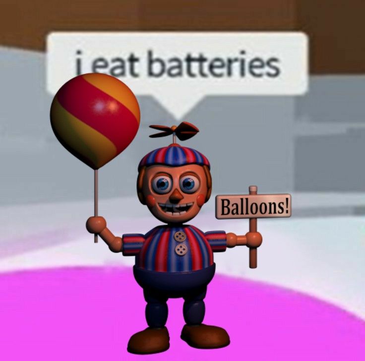 a cartoon character holding a balloon and a sign that says, i eat batteries