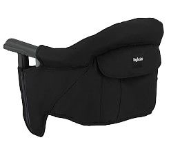 the back end of a black baby seat with an arm rest on it's side