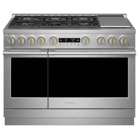 a stainless steel stove with four burners and two oven doors on the front side