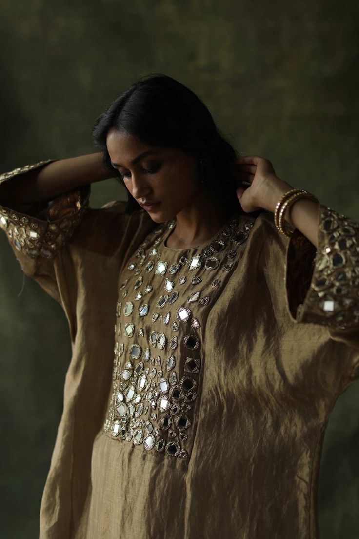 Begum Pret | Beige Sahiba Kaftan Set | INDIASPOPUP.COM Bollywood Style Kaftan With Gota Work For Party, Festive Zari Work Tunic Set, Embellished Palazzo Set For Navratri, Traditional Sets With Mirror Work On Tunic, Eid Tunic With Mirror Work, Elegant Embellished Tunic Set, Bohemian Sequin Sets For Summer, Traditional Festive Embellished Tunic, Bohemian Style Sequined Sets For Summer