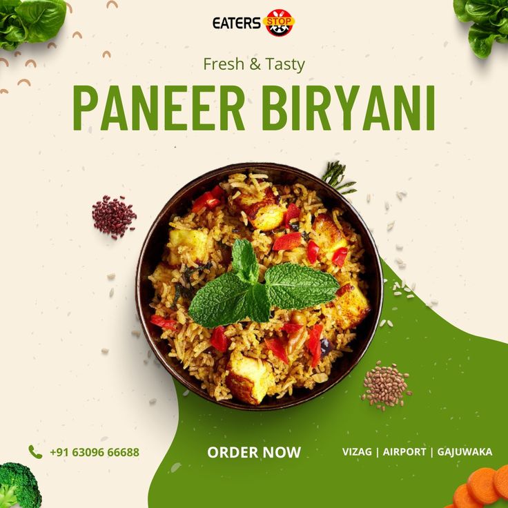 an advertisement for fresh and tasty paneer biriyani with vegetables on the side