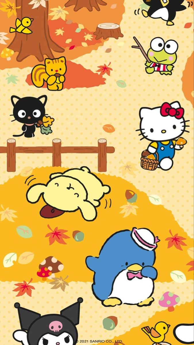 an image of hello kitty and other cartoon characters in the fall season with leaves on the ground