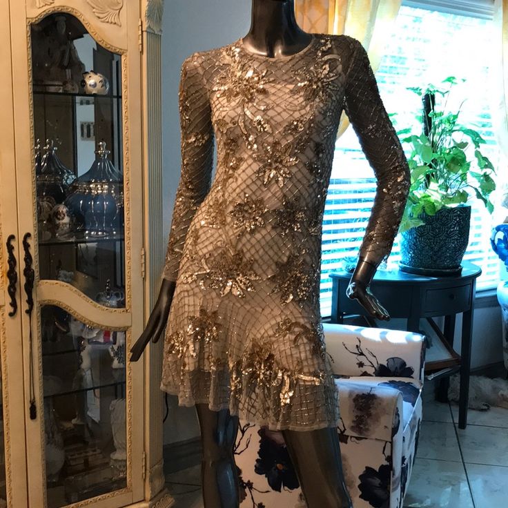 This Dress Was Worn A Couple Of Times And Is In Pristine Condition Almost Like New Length: 45 Bust: 30" Waist: 28" Fabric: 100% Nylon; Trim 100% Viscose; Lining 100% Polyester Clothing Size: Xs Color: Cream Gold. Size: Us2 Champagne Fitted A-line Dress, Festive Evening Fitted Dress, Fitted Champagne A-line Dress, Gold Fitted Knee-length Evening Dress, Embellished Wedding Dresses For Fall, Fall Embellished Wedding Dress, Fall Wedding Embellished Dresses, Embellished Fitted A-line Dress, Festive Fitted Embellished Dress