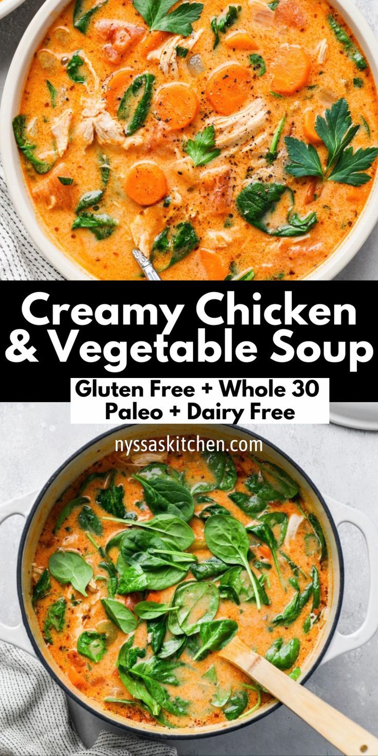 creamy chicken and vegetable soup in a pan with spinach leaves on top, and an image