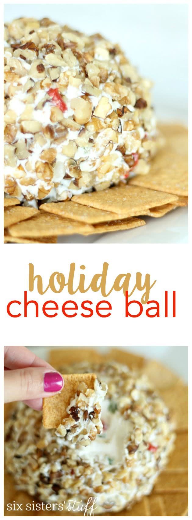 a close up of a cracker and cheese ball on a plate with the words holiday cheese ball