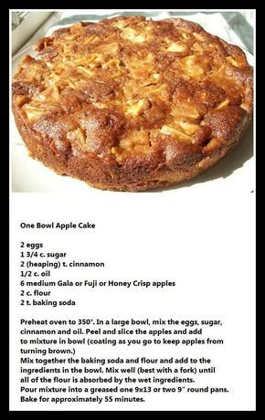 an apple cake is on a plate with instructions for the recipe in front of it