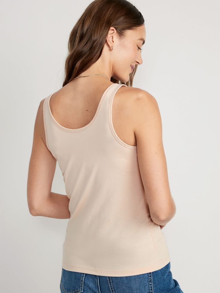 Our First Layer tank top is fitted, fabulous & soft.  Great outfits start here ➡️ Scoop neck.  Sleeveless arm openings.  Cotton-jersey, with comfortable stretch.  Fitted through body.  Women's tank top hits below waist.  Models are approximately 5'9" and are wearing sizes L (numeric size 12), S (numeric size 4) and XL (numeric size 18). Machine wash cold, tumble dry low.  spandex 5% cotton 95% Fitted Beige Tank Top With Spaghetti Straps, Fitted Beige Scoop Neck Tank Top, Solid Non-stretch Cheap Tank Top, Cheap Non-stretch Solid Color Tank Top, Old Navy Tank Top Spaghetti Strap, Layered Tank Top, Great Outfits, Tank Top For Women, Top Hits