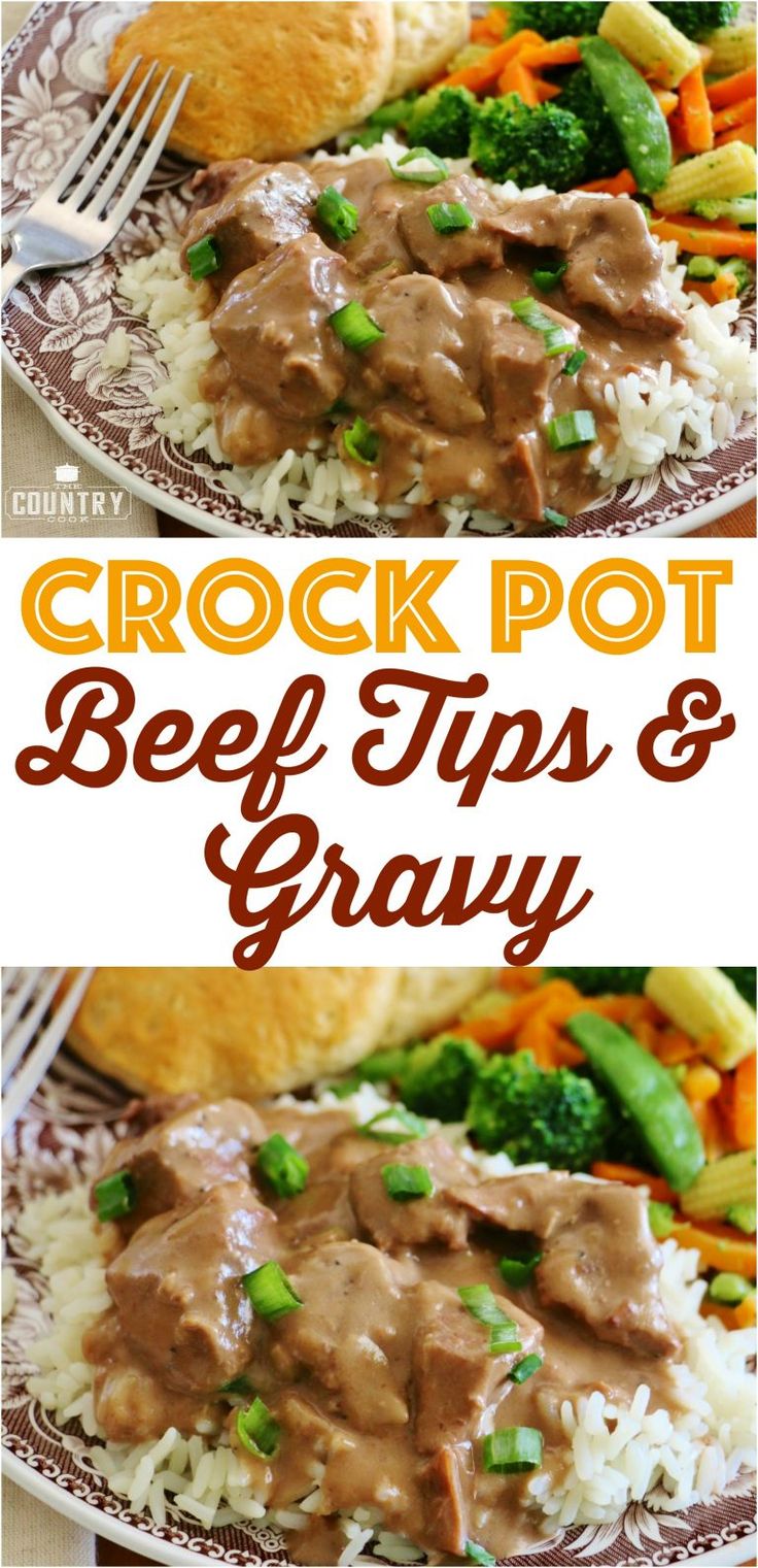 crock pot beef tips and gravy on top of rice with broccoli