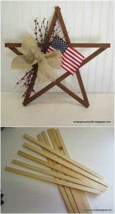 a wooden star with an american flag on it and some sticks sticking out of it