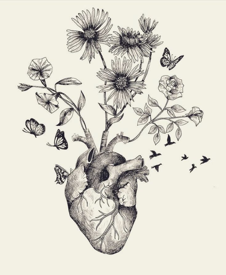 a drawing of a heart with flowers and butterflies flying around