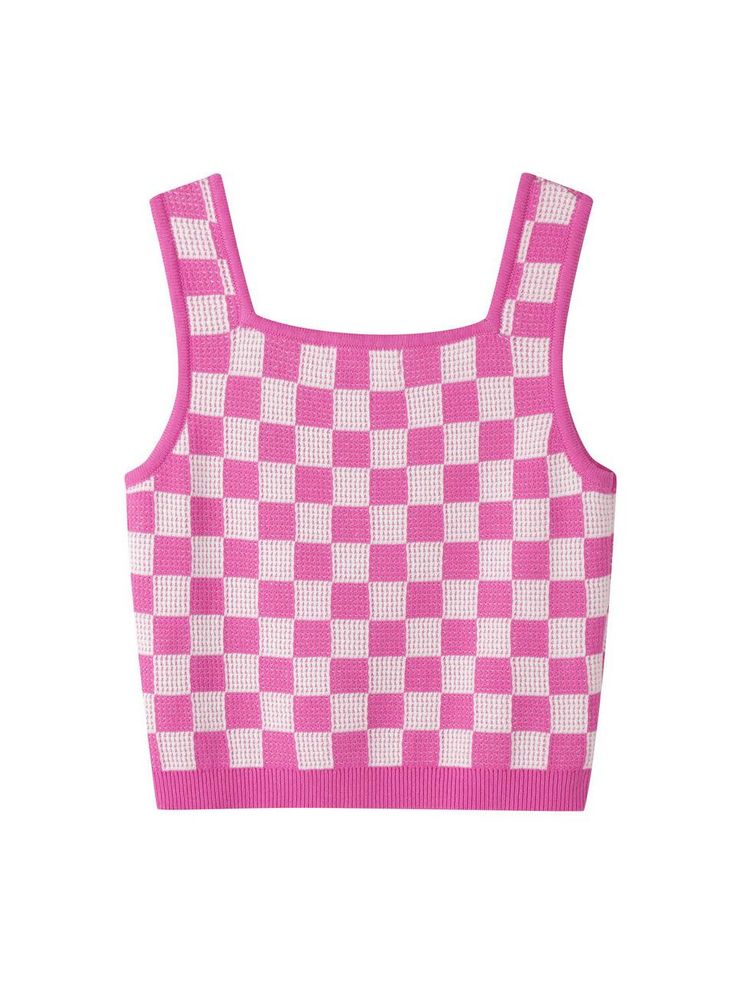 This Checkerboard Sleeveless Knit Top features a deep square neckline and a lively color scheme, perfect for creating a cheerful and statement look.- Cropped length that makes your look stylish- Sleeveless design to add appeal to the item- Versatile for wearing alone or for layering* The color of the actual product may vary due to differences in monitor color settings and resolution. Casual Pink Square Neck Tank Top, Trendy Tank Sweater Vest For Summer, Fitted Pink Square Neck Tank Top, Trendy Fitted Knit Vest, Trendy Pink Tank Vest, Trendy Fitted Pink Vest, Trendy Knit Tank Top, Fitted Pink Sweater Vest For Summer, Trendy Pink Summer Vest