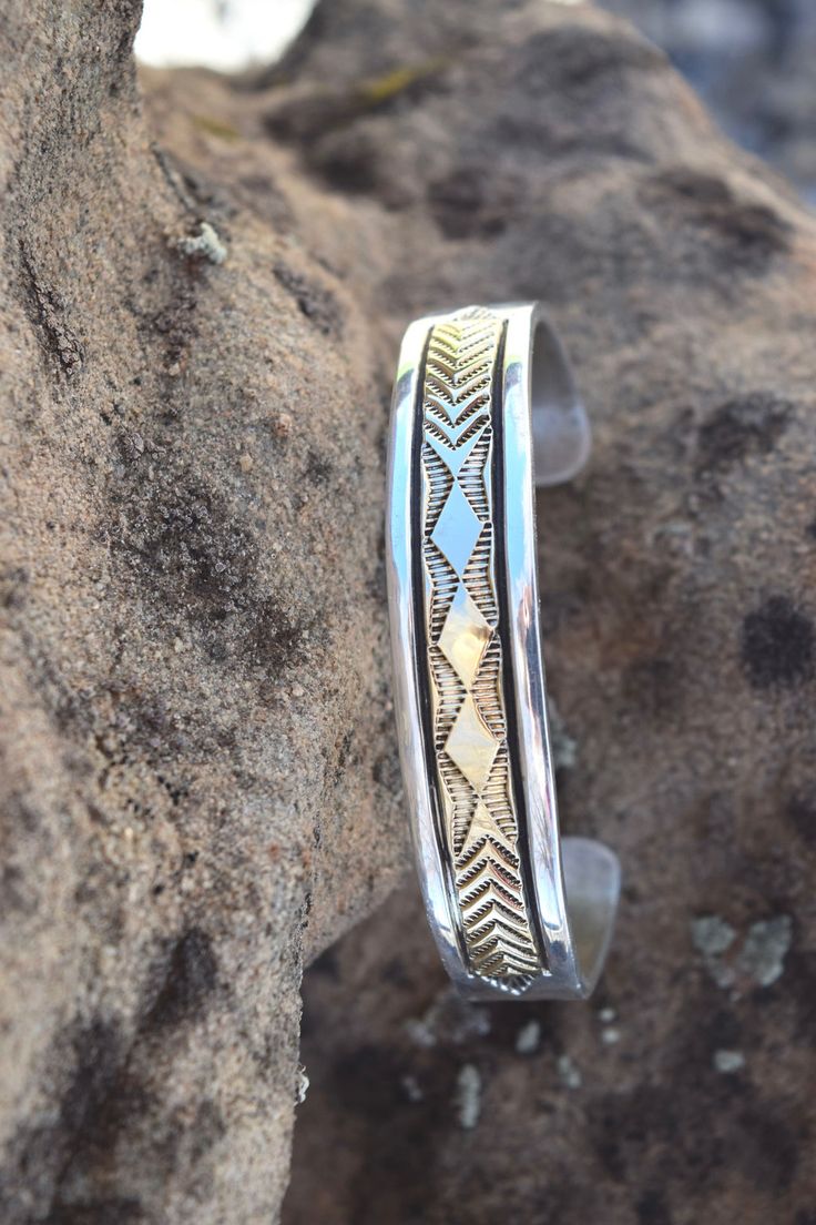 14K & STERLING BRACELET FROM THE RODGERS COLLECTION Cuff Jewelry, Sterling Bracelets, Kids Earrings, Silver Accessories, Sterling Silver Bracelet, Barbie Girl, Native American Jewelry, Silver Man, Hand Engraving