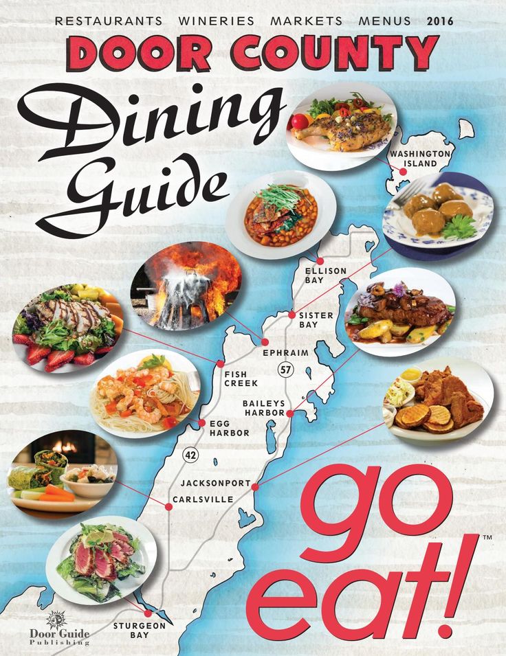 the door county dining guide is shown with images of different foods and places to eat